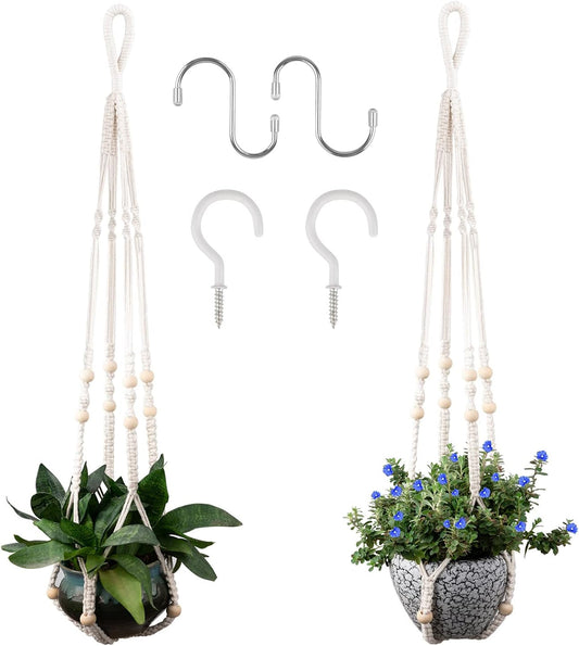 Macrame Plant Hanger for 5 to 10 Inch Plant Pots, Set of 2 Indoor Handmade 35 Inch Woven Rope Hanger Kits with Hooks and Wood Beads, Hanging Planter Basket Holder for Boho Home Decor (White, 2 Pack)