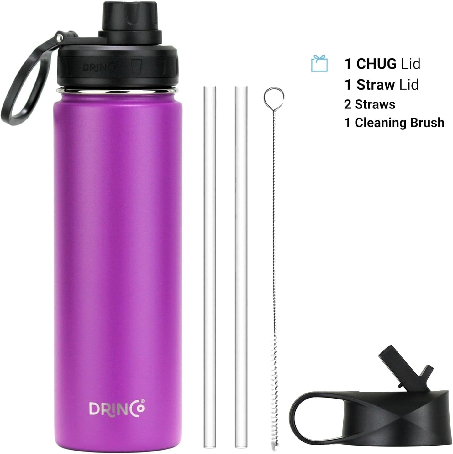 Stainless Steel Water Bottle Spout Lid Vacuum Insulated Double Wall Water Bottle Wide Mouth (40Oz 32Oz 22Oz 18Oz 14Oz) Leak Proof Keep Cold Sport Camping Hiking (22 Oz, 22Oz Purple)