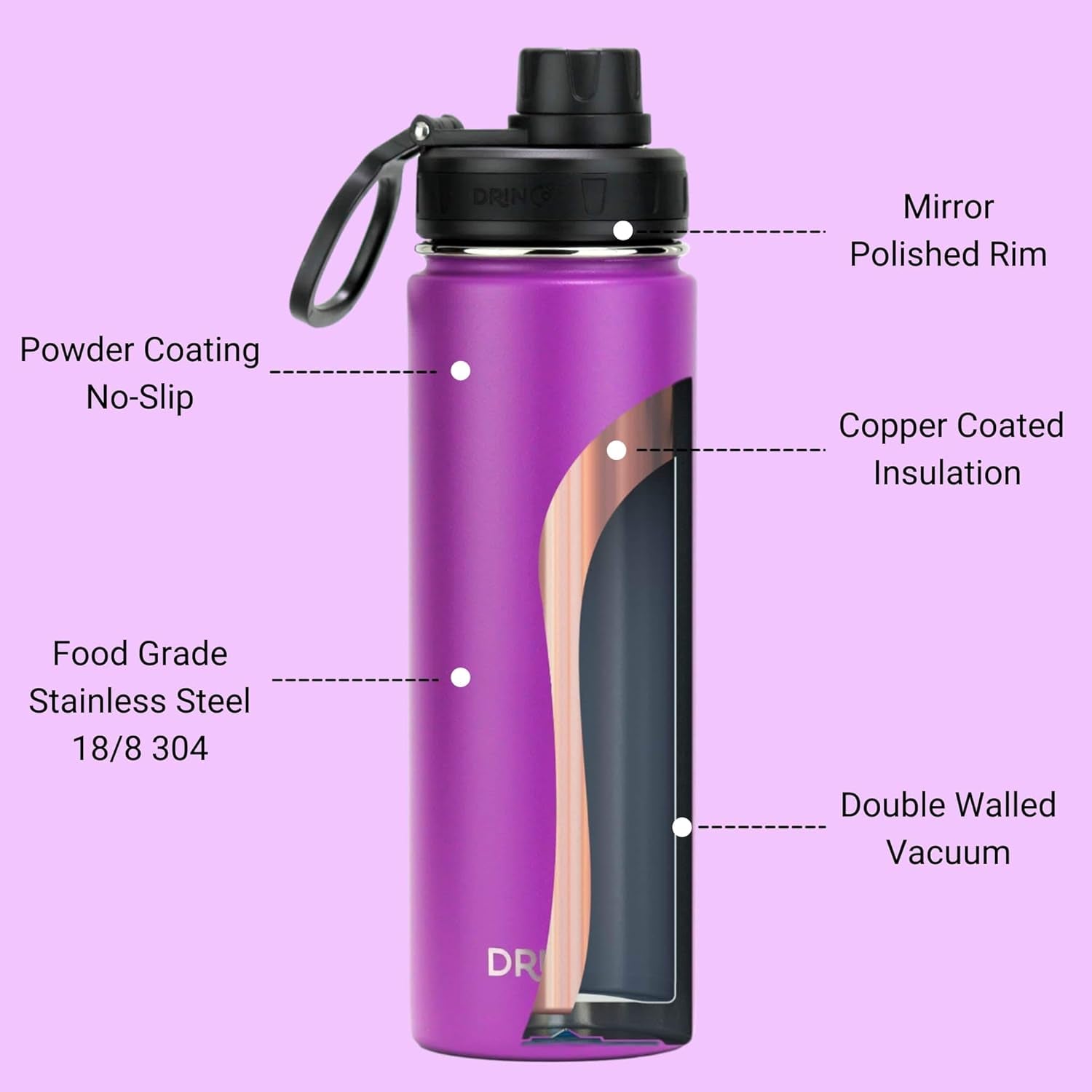 Stainless Steel Water Bottle Spout Lid Vacuum Insulated Double Wall Water Bottle Wide Mouth (40Oz 32Oz 22Oz 18Oz 14Oz) Leak Proof Keep Cold Sport Camping Hiking (22 Oz, 22Oz Purple)