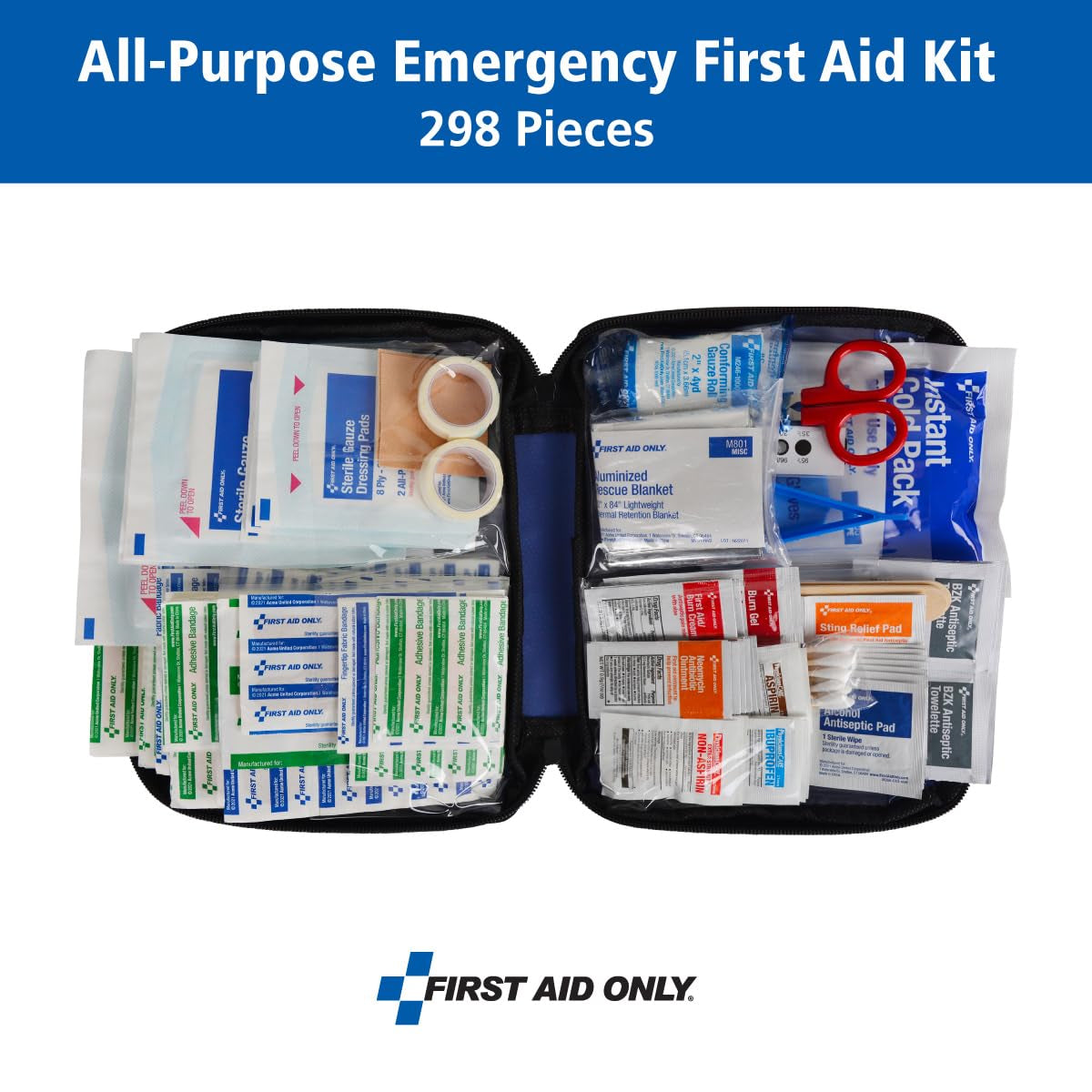 299 Piece All-Purpose Emergency First Aid Kit for Home, Office, Car, Apartment, Dorm, and Camping, Travel-Friendly Compact Pouch Fits in Backpacks, Suitcases, Cabinets, and Drawers