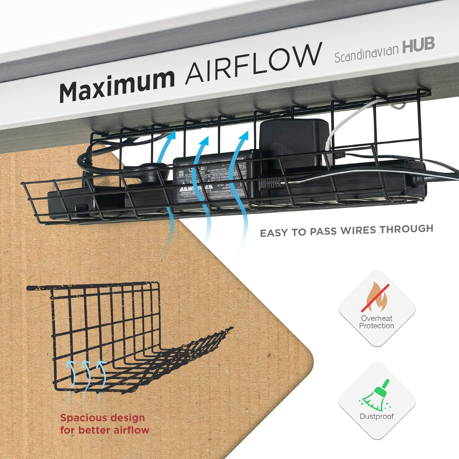 under Desk Cable Tray, Modern Black, 17 Inch, Maximises Airflow, Easy to Install, Modular Cable Rack Storage Shelf