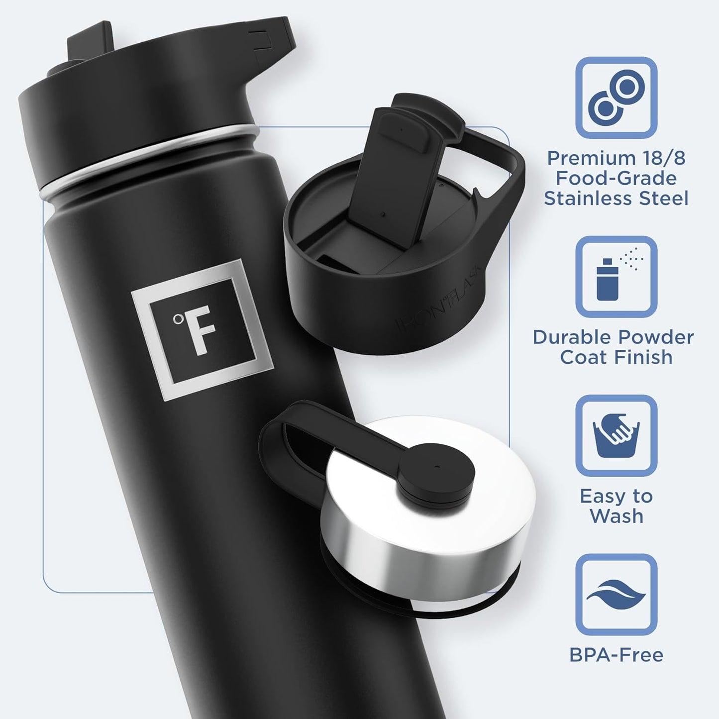 Camping & Hiking Hydration Flask with 3 Lids - Stainless Steel, Double Walled & Vacuum Insulated Water Bottle - Leak Proof & BPA Free (Midnight Black, Straw - 22 Oz)