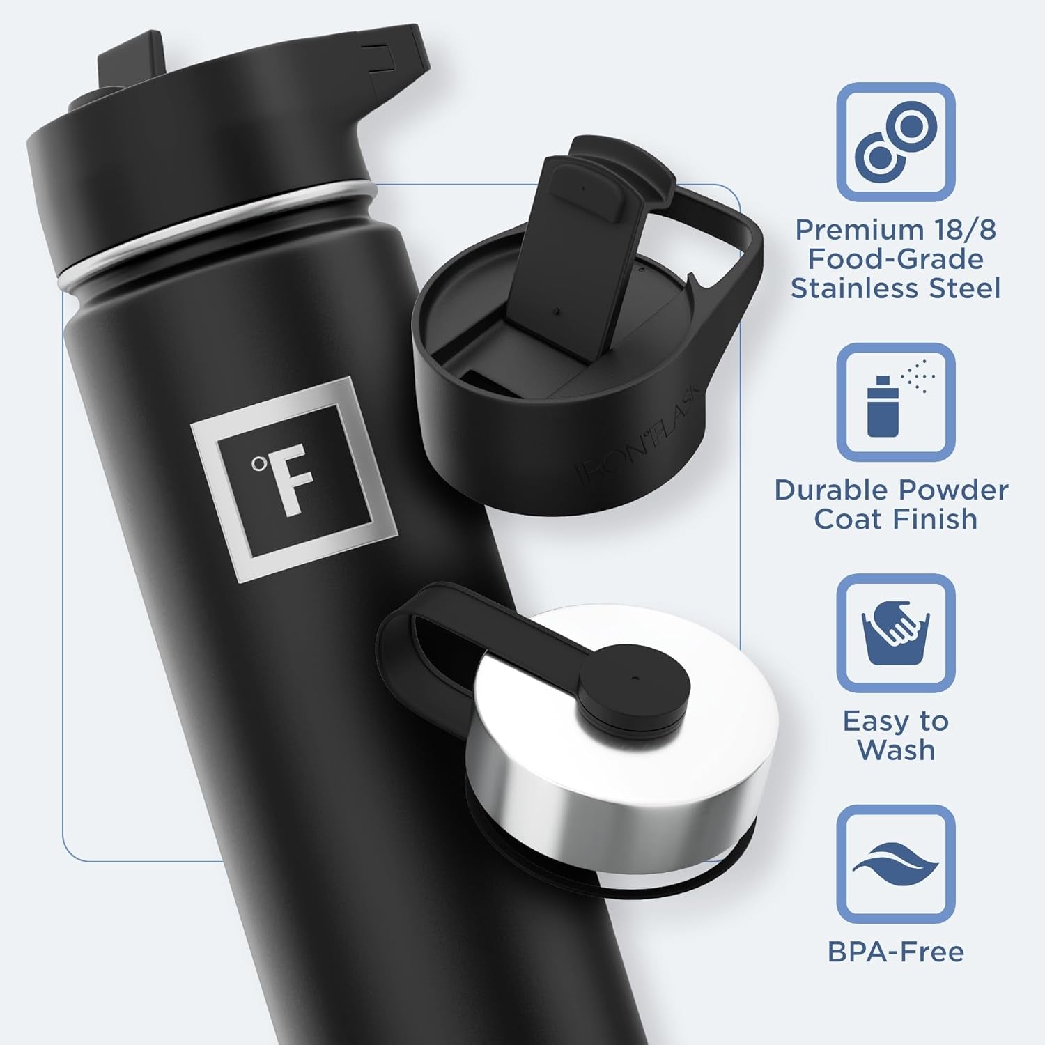 Camping & Hiking Hydration Flask with 3 Lids - Stainless Steel, Double Walled & Vacuum Insulated Water Bottle - Leak Proof & BPA Free (Midnight Black, Straw - 22 Oz)