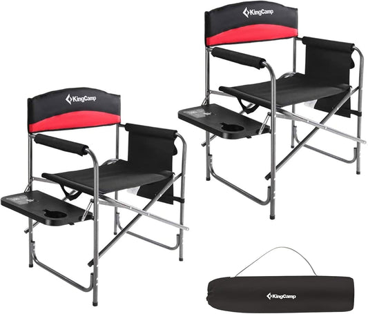 2-Pack Camping Folding Director Chairs with Side Table & Storage, Red