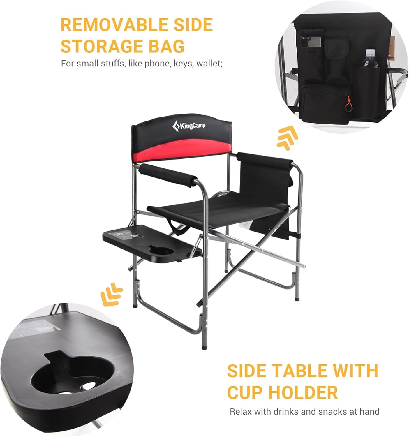 2-Pack Camping Folding Director Chairs with Side Table & Storage, Red