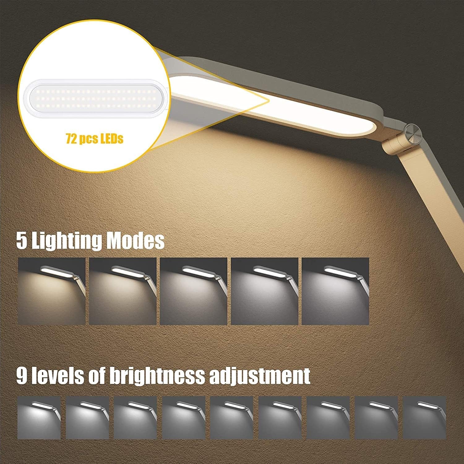 Desk Lamp, for Eye Care, Dimmable Table Lamp with 5 Colour Modes, 72 Leds with USB Charging Port, Touch Control and Memory Function, Office Lamp