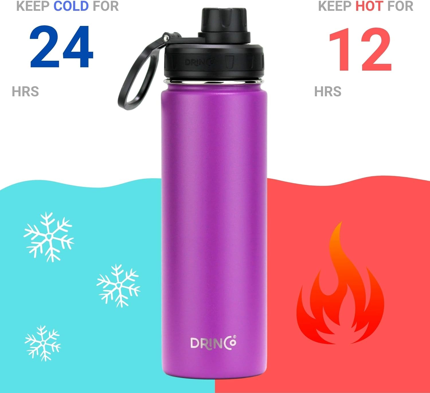 Stainless Steel Water Bottle Spout Lid Vacuum Insulated Double Wall Water Bottle Wide Mouth (40Oz 32Oz 22Oz 18Oz 14Oz) Leak Proof Keep Cold Sport Camping Hiking (22 Oz, 22Oz Purple)