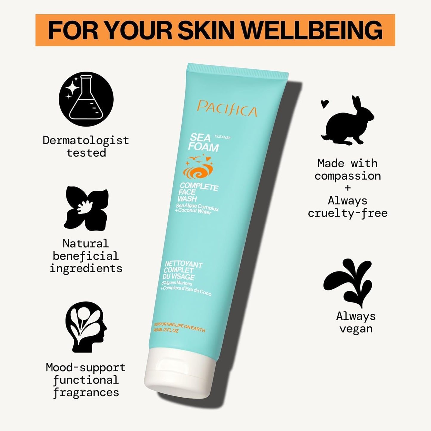 Beauty Sea Foam Face Cleanser, Daily Gentle Foaming Face Wash, with Coconut Water + Sea Algae Complex, Removes Makeup, for Combination and Oily Skin, Vegan and Cruelty Free, Clean Skin Care