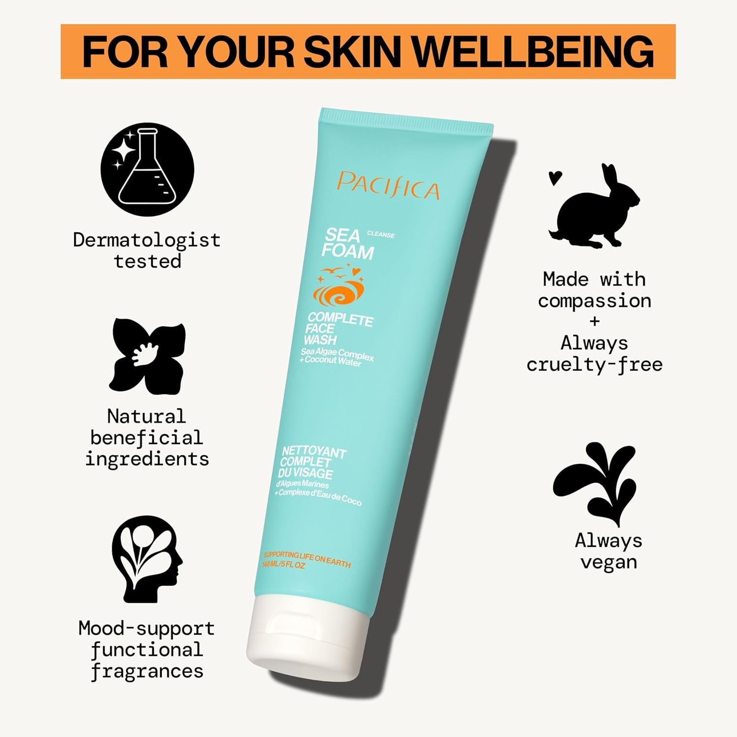 Beauty Sea Foam Face Cleanser, Daily Gentle Foaming Face Wash, with Coconut Water + Sea Algae Complex, Removes Makeup, for Combination and Oily Skin, Vegan and Cruelty Free, Clean Skin Care