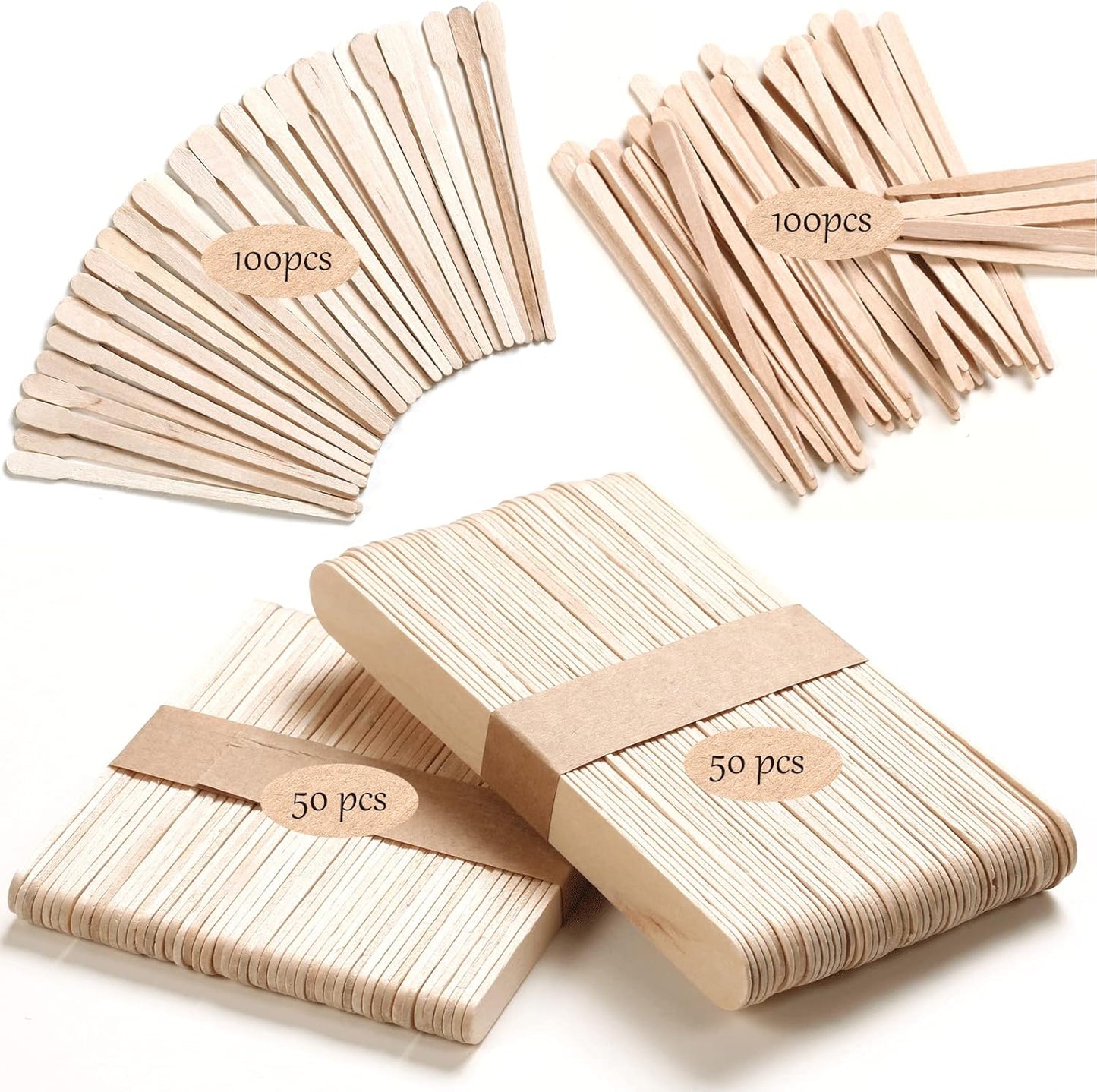 4 Style Assorted Wax Applicators - 300 Pcs Wooden Spatulas for Body, Legs, Face, Eyebrow Hair Removal or Wood Crafts