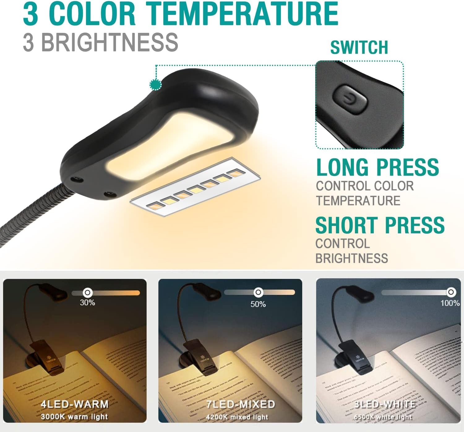 /Luminolite Rechargeable Book Light, Reading Lights for Books in Bed, 3 Colortemperature × 3 Brightness, up to 70 Hours Lighting, Great for Readers, Travel (Black)