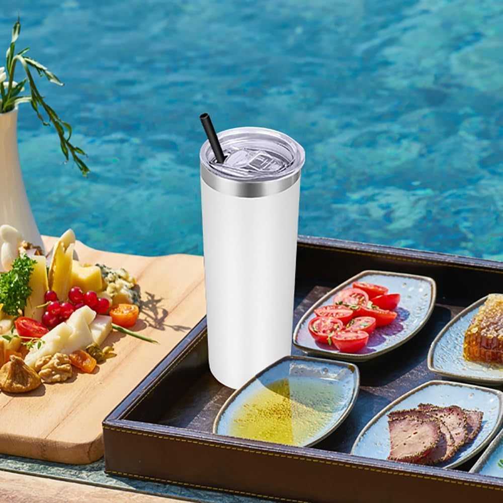 Stainless Steel Tumblers Bulk 12 Pack, 20 Oz Vacuum Insulated Skinny Tumblers with Lids and Straws, Double Wall Coffee Mug, Travel Water Cup, White