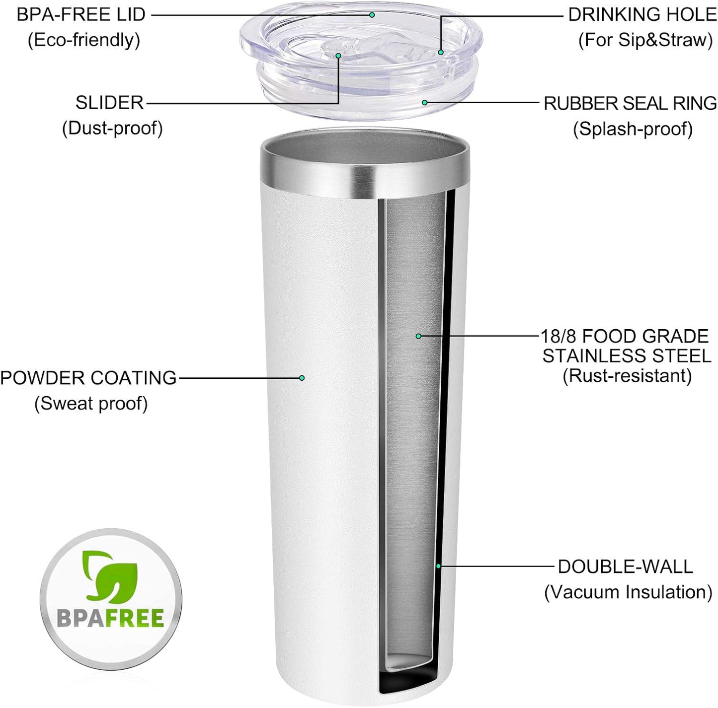 Stainless Steel Tumblers Bulk 12 Pack, 20 Oz Vacuum Insulated Skinny Tumblers with Lids and Straws, Double Wall Coffee Mug, Travel Water Cup, White
