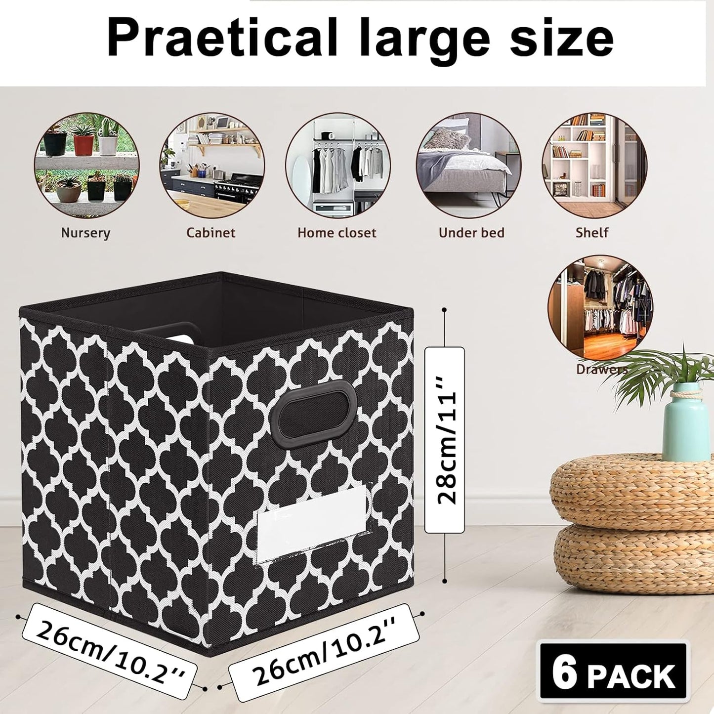 Cube Storage Organizer Bins 13X13 - Fabric Storage Cubes Bin Foldable Baskets Square Box with Labels and Dual Plastic Handles for Shelf, Nursery, Cabinet, Clothes, Toys, Set of 4 (Black)