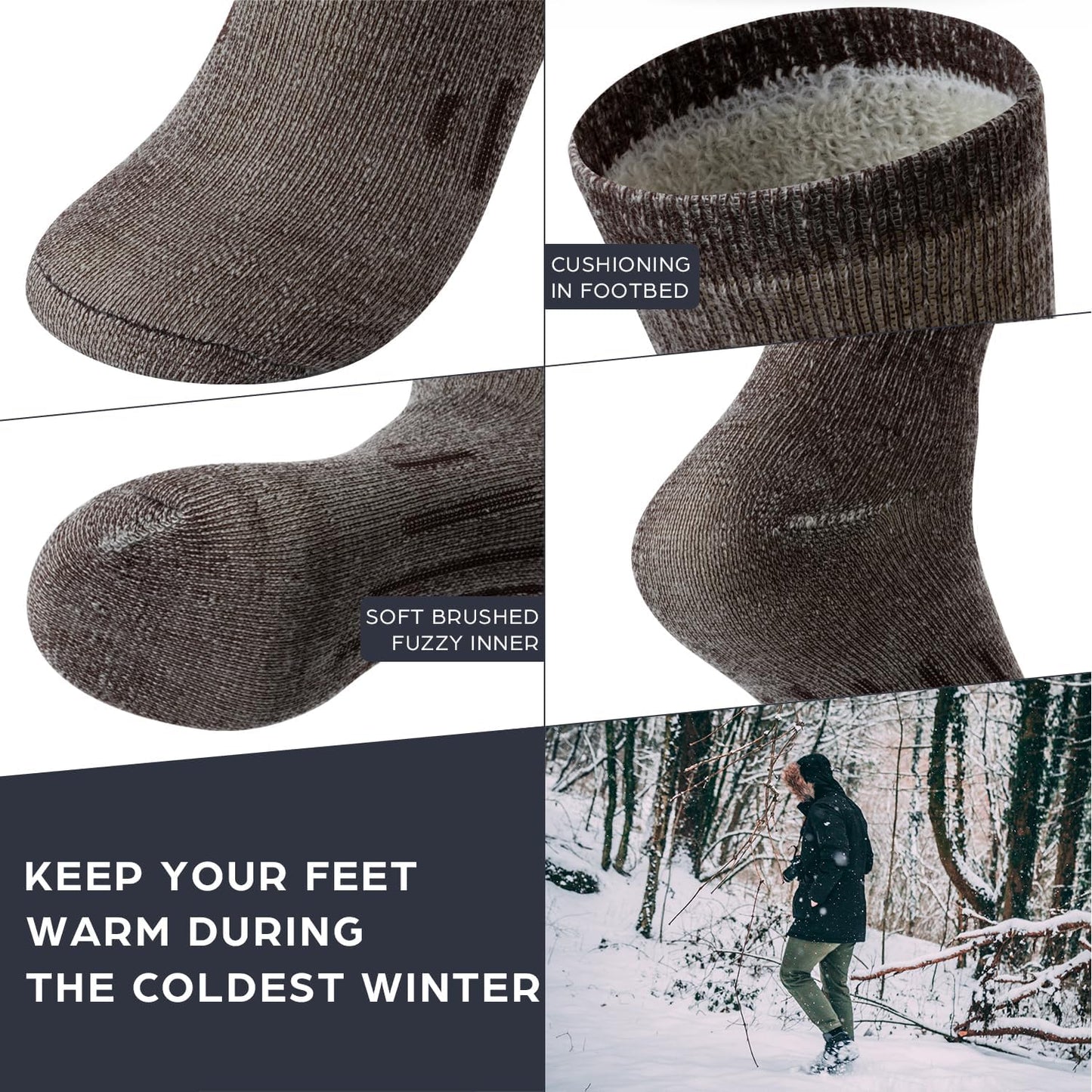 Merino Wool Socks for Men Women - 3 or 6 Pairs 80% Wool - Hiking Socks Warm Socks Crew Style Thermal Moisture Wicking