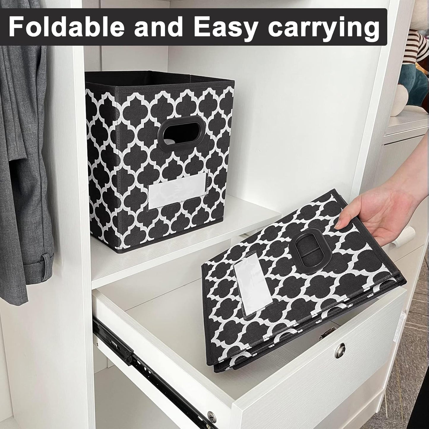 Cube Storage Organizer Bins 13X13 - Fabric Storage Cubes Bin Foldable Baskets Square Box with Labels and Dual Plastic Handles for Shelf, Nursery, Cabinet, Clothes, Toys, Set of 4 (Black)