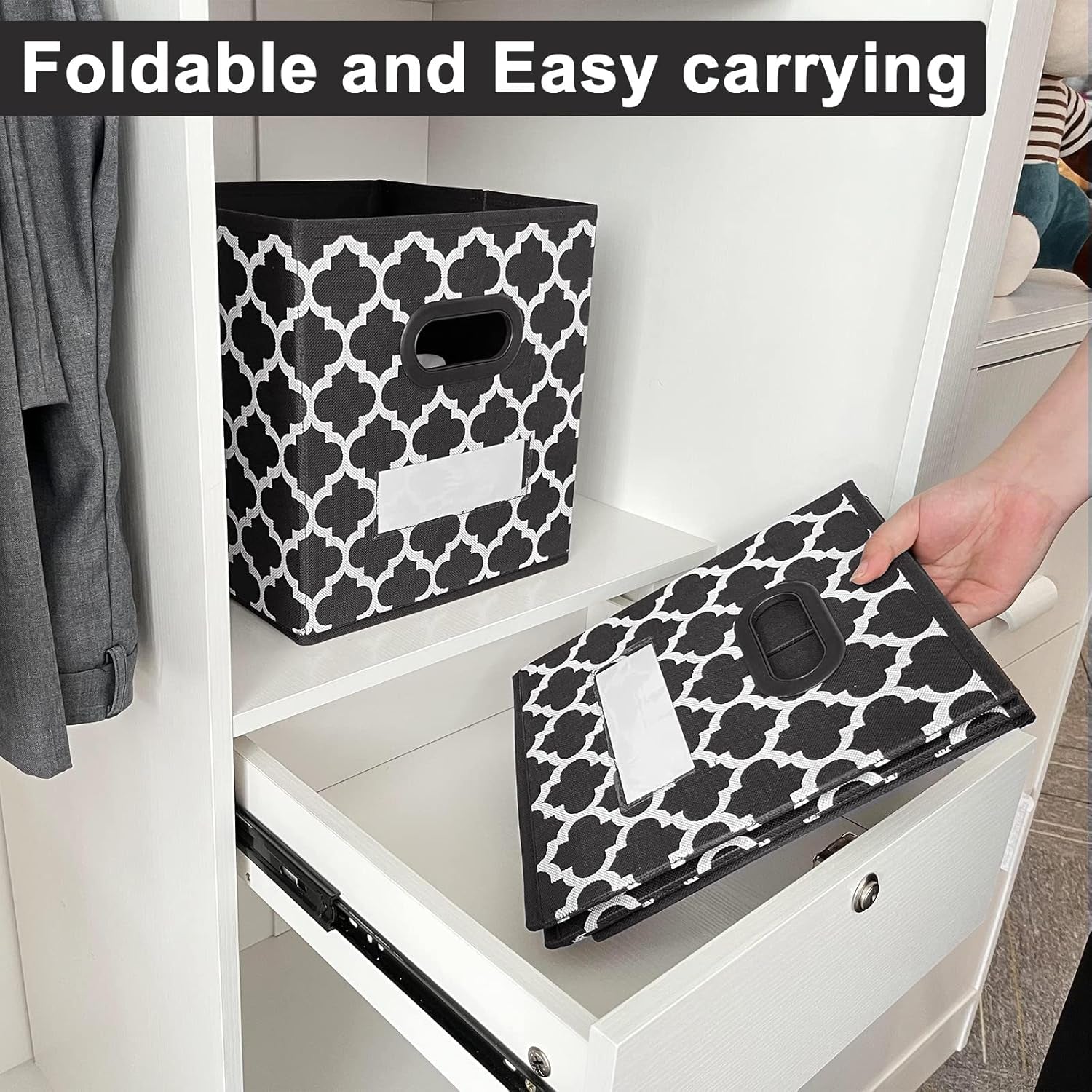 Cube Storage Organizer Bins 13X13 - Fabric Storage Cubes Bin Foldable Baskets Square Box with Labels and Dual Plastic Handles for Shelf, Nursery, Cabinet, Clothes, Toys, Set of 4 (Black)