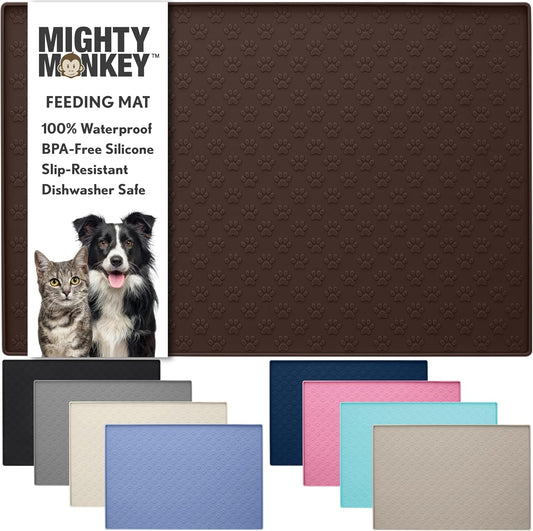 100% Waterproof Dog Food Mat, Raised Edges Silicone Pet Feeding Placemat for Cat, Dogs, Pet Bowls, High Lipped Tray Prevents Water Spills, Food on Floor, Dishwasher Safe, 24X16, Brown