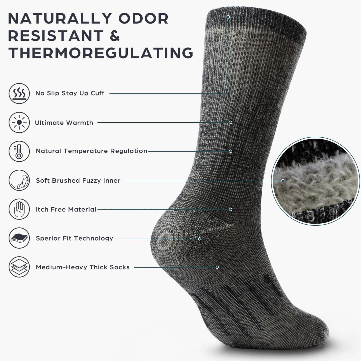 Merino Wool Socks for Men Women - 3 or 6 Pairs 80% Wool - Hiking Socks Warm Socks Crew Style Thermal Moisture Wicking