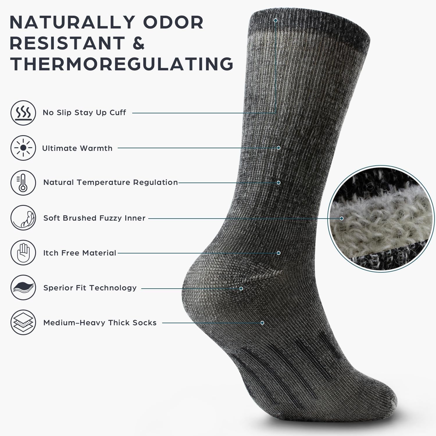 Merino Wool Socks for Men Women - 3 or 6 Pairs 80% Wool - Hiking Socks Warm Socks Crew Style Thermal Moisture Wicking