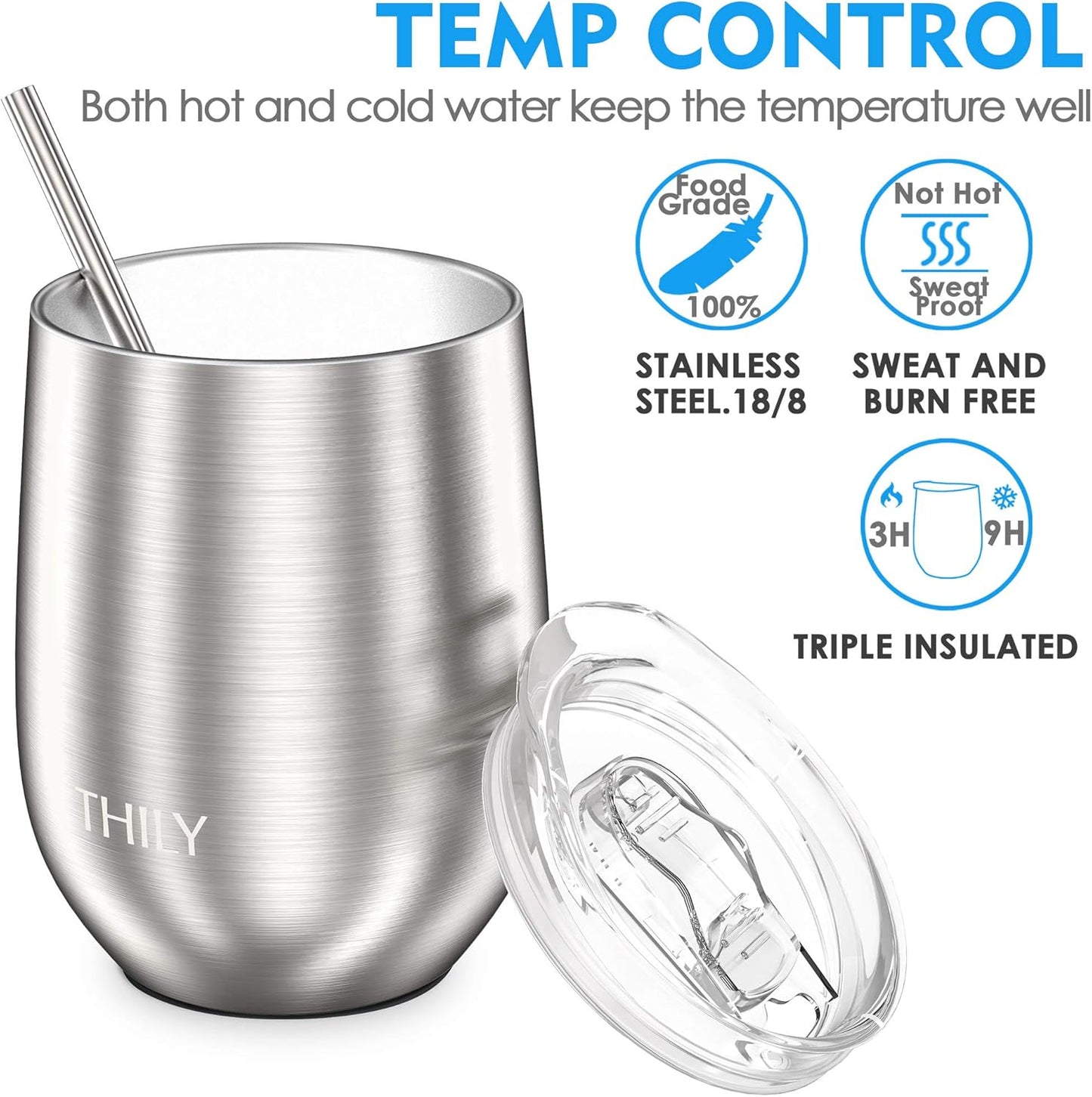 Metal Stemless Insulated Wine Glass T1 Triple-Insulated Stainless Steel Wine Tumbler with Lid and Straw, Reusable, Keep Cold & Hot for Wine, Coffee, Drinks, Champagne, Beverage, Silver