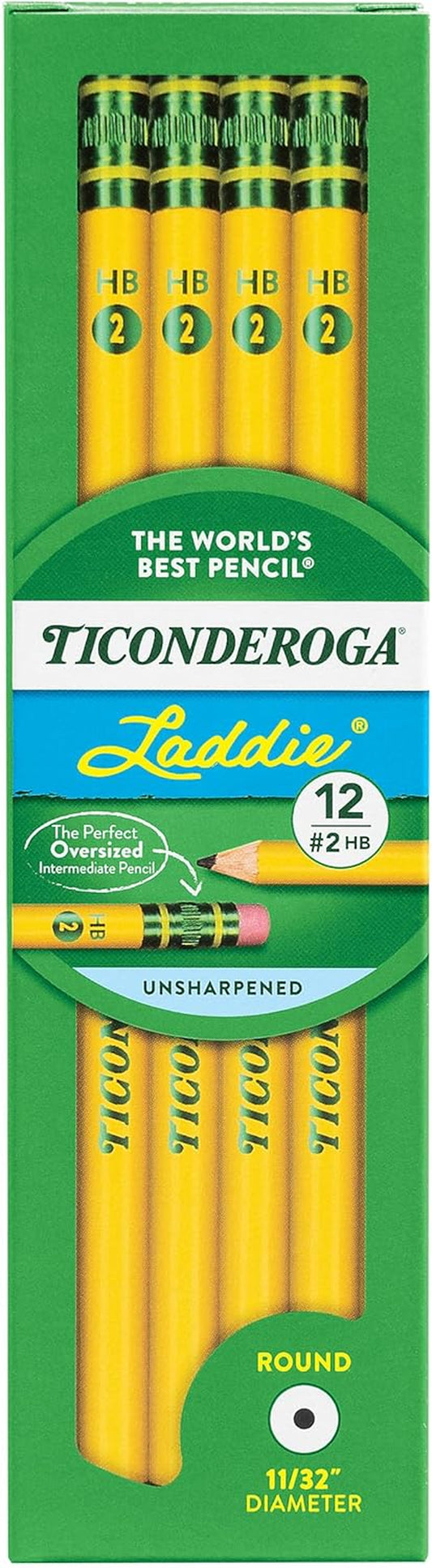Laddie Wood-Cased Pencils, 2 HB Soft, with Erasers, Yellow, 12 Count