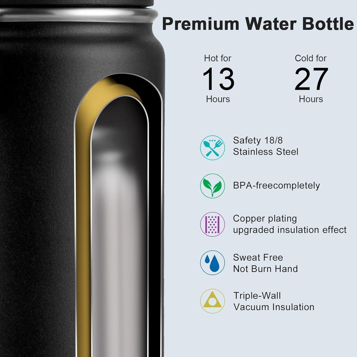 16 Oz Water Bottle Stainless Steel Double Wall Vacuum Insulated Water Bottle for School Wide Mouth Sports Bottle with Leakproof Spout Lid (Black)