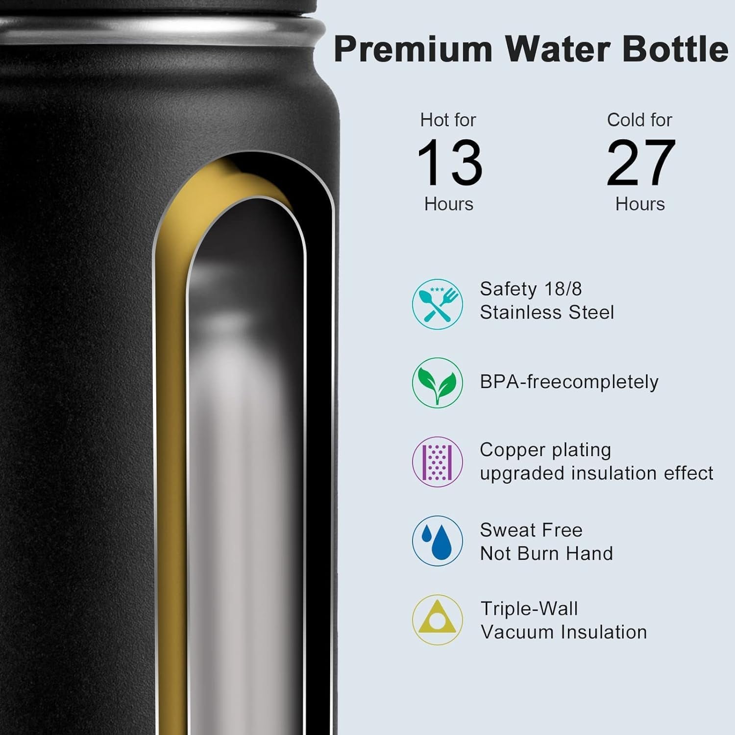 16 Oz Water Bottle Stainless Steel Double Wall Vacuum Insulated Water Bottle for School Wide Mouth Sports Bottle with Leakproof Spout Lid (Black)
