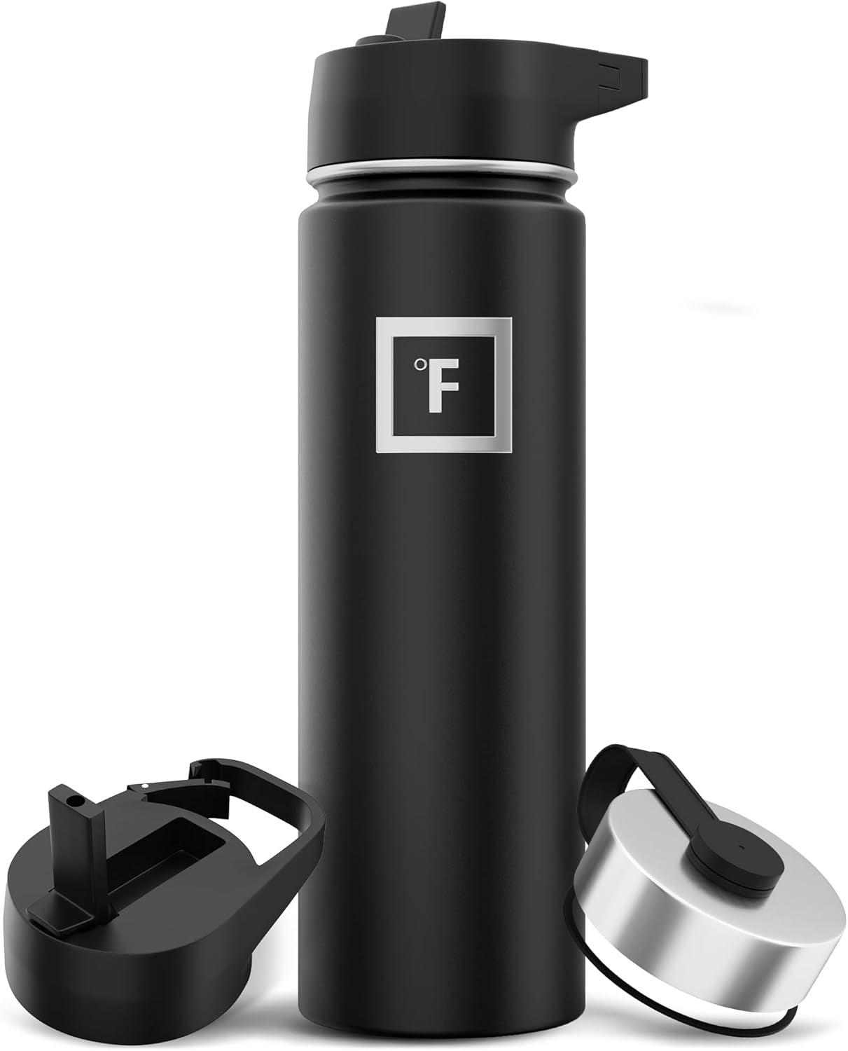 Camping & Hiking Hydration Flask with 3 Lids - Stainless Steel, Double Walled & Vacuum Insulated Water Bottle - Leak Proof & BPA Free (Midnight Black, Straw - 22 Oz)