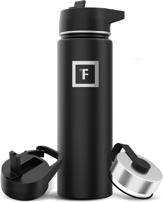 Camping & Hiking Hydration Flask with 3 Lids - Stainless Steel, Double Walled & Vacuum Insulated Water Bottle - Leak Proof & BPA Free (Midnight Black, Straw - 22 Oz)