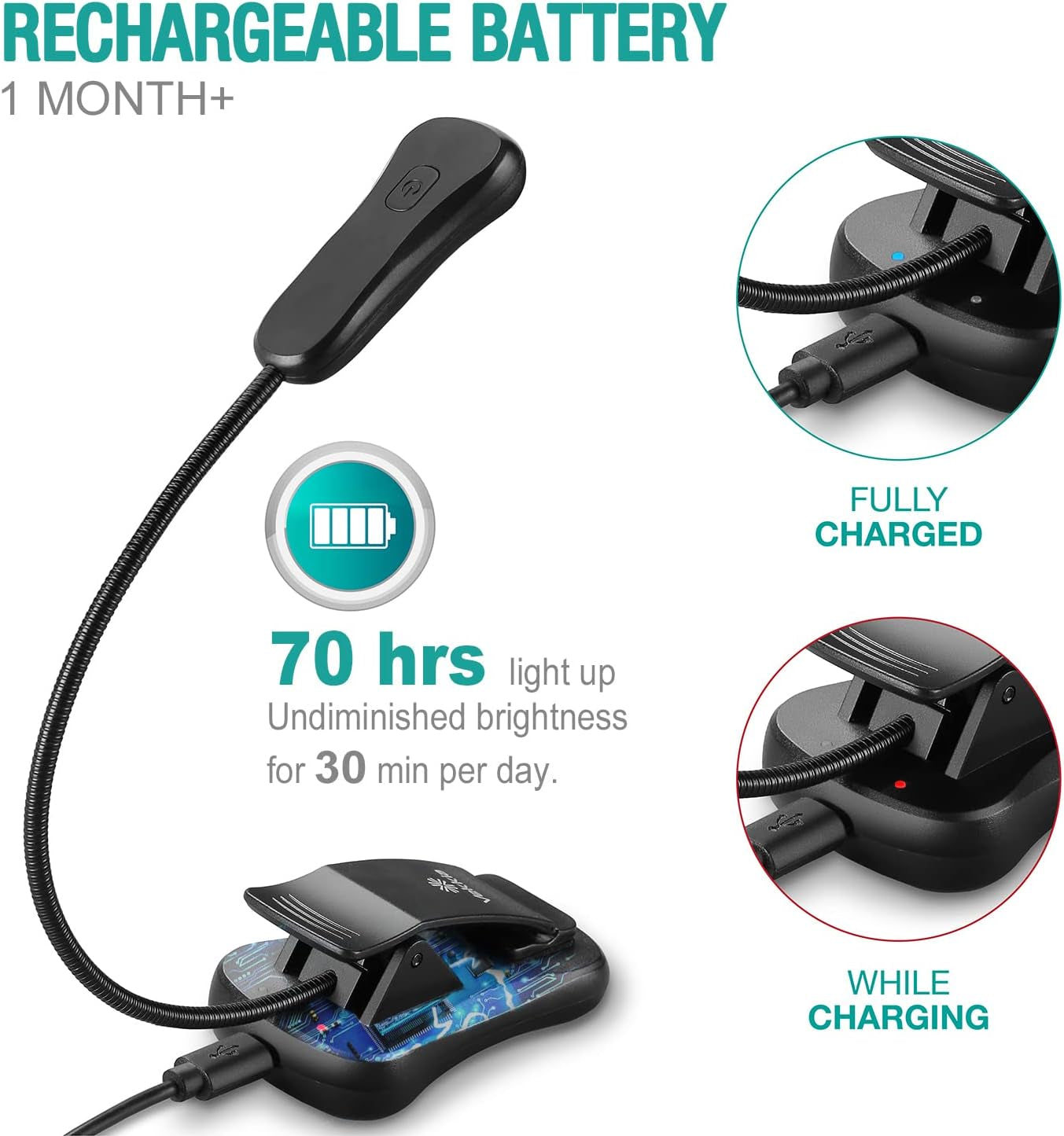 /Luminolite Rechargeable Book Light, Reading Lights for Books in Bed, 3 Colortemperature × 3 Brightness, up to 70 Hours Lighting, Great for Readers, Travel (Black)