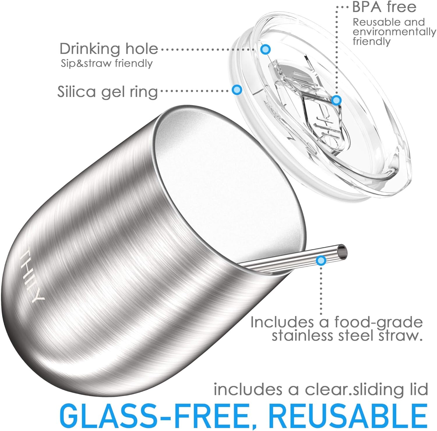 Metal Stemless Insulated Wine Glass T1 Triple-Insulated Stainless Steel Wine Tumbler with Lid and Straw, Reusable, Keep Cold & Hot for Wine, Coffee, Drinks, Champagne, Beverage, Silver