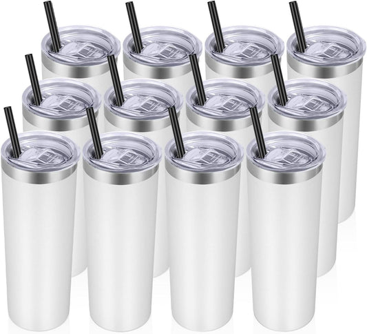 Stainless Steel Tumblers Bulk 12 Pack, 20 Oz Vacuum Insulated Skinny Tumblers with Lids and Straws, Double Wall Coffee Mug, Travel Water Cup, White