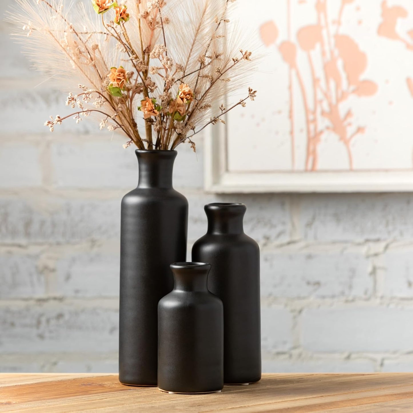 Ceramic Black Vase Set, Modern Home Decor Decorative Vases for Your Kitchen, Bedroom, Office, Living Room, Bathroom, & Shelf Decor, Centerpiece Table Decorations, Small Vases (CM3038)