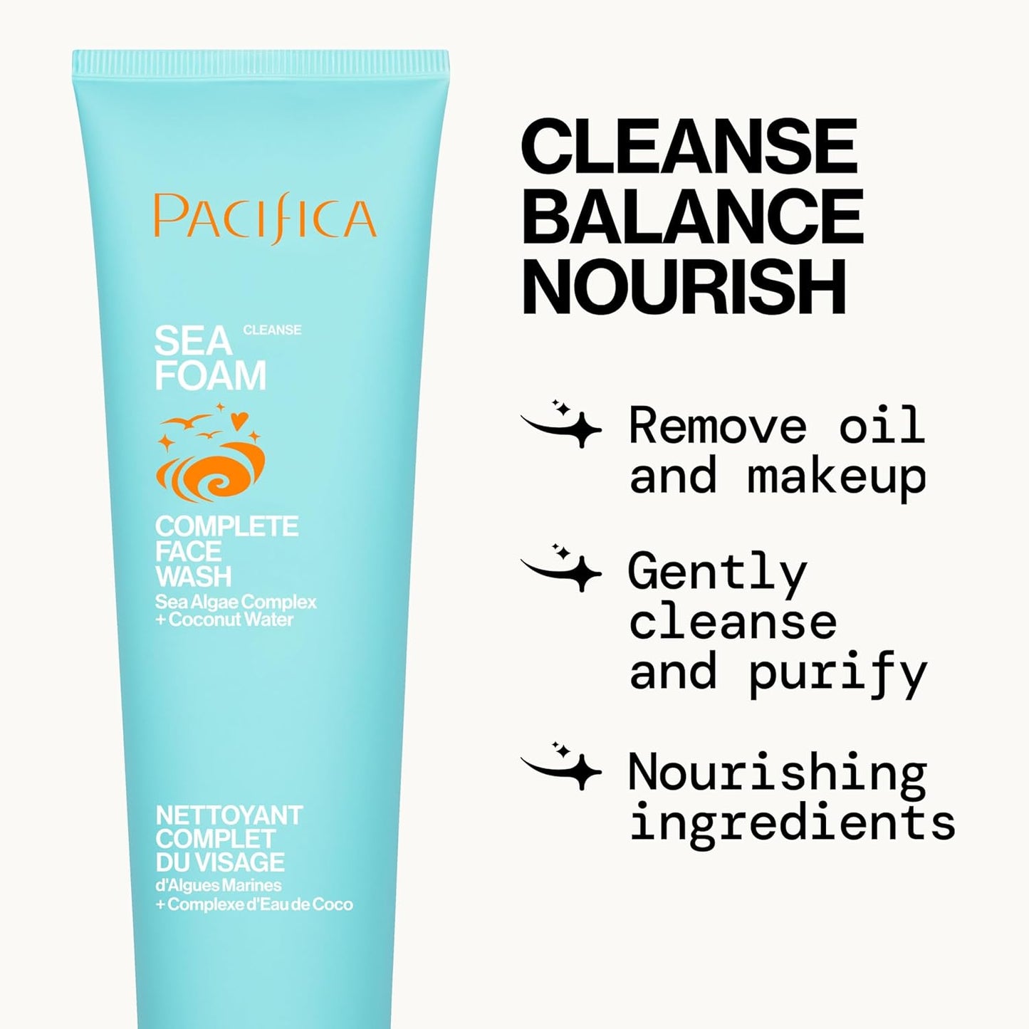 Beauty Sea Foam Face Cleanser, Daily Gentle Foaming Face Wash, with Coconut Water + Sea Algae Complex, Removes Makeup, for Combination and Oily Skin, Vegan and Cruelty Free, Clean Skin Care