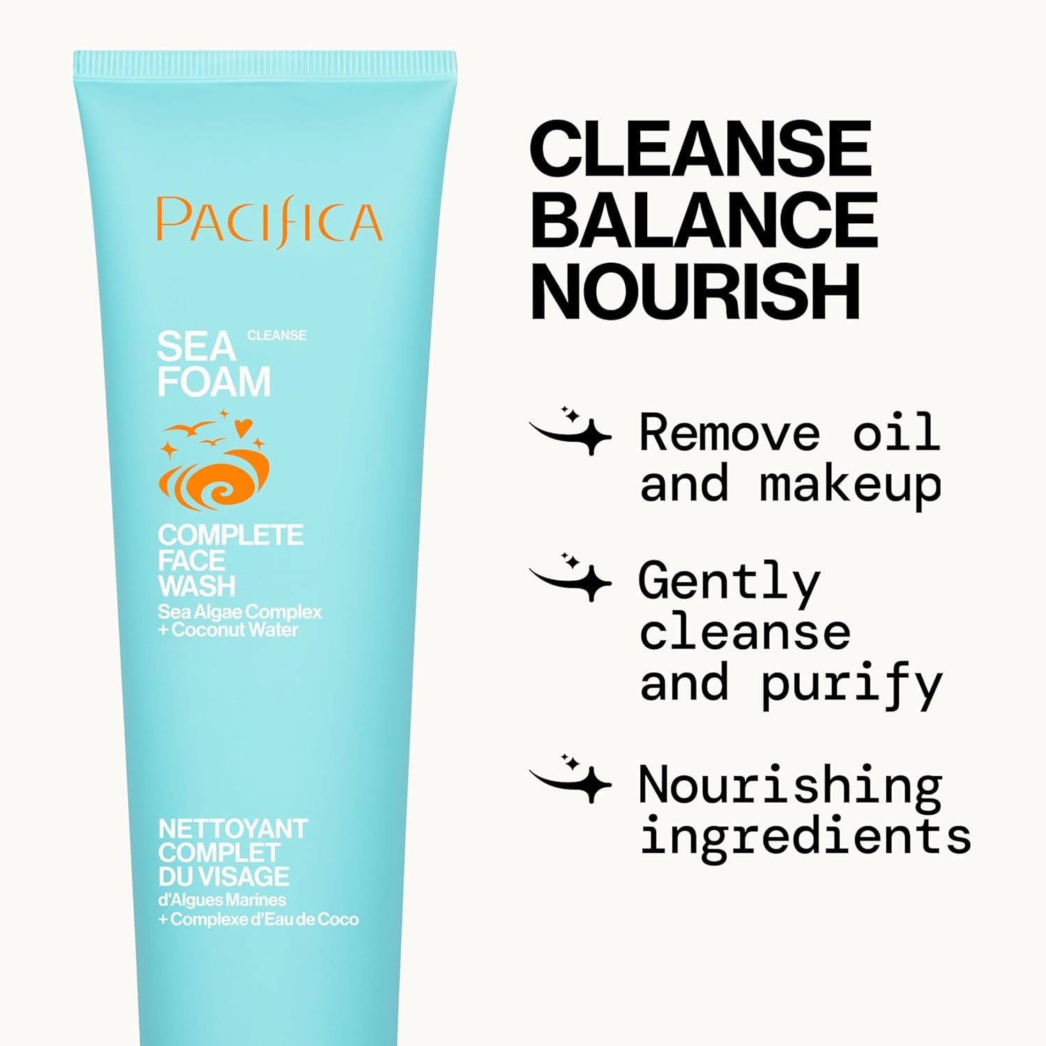 Beauty Sea Foam Face Cleanser, Daily Gentle Foaming Face Wash, with Coconut Water + Sea Algae Complex, Removes Makeup, for Combination and Oily Skin, Vegan and Cruelty Free, Clean Skin Care