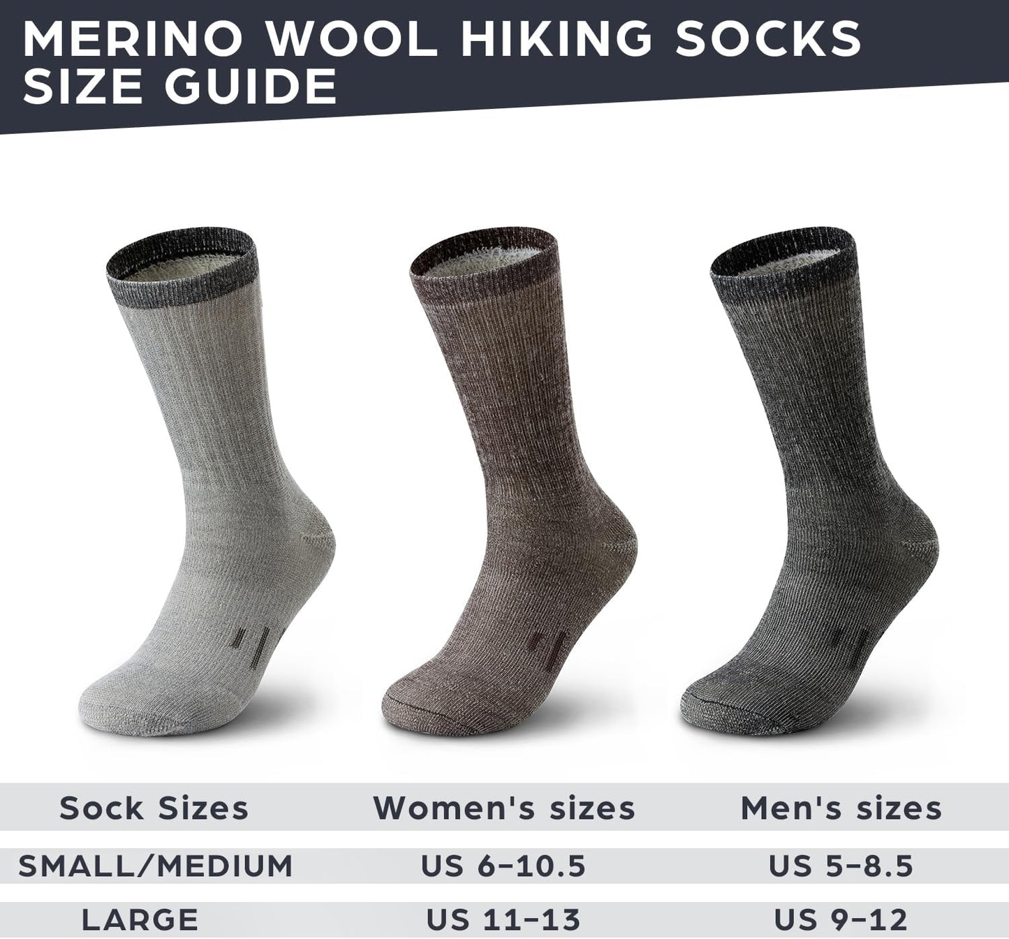 Merino Wool Socks for Men Women - 3 or 6 Pairs 80% Wool - Hiking Socks Warm Socks Crew Style Thermal Moisture Wicking