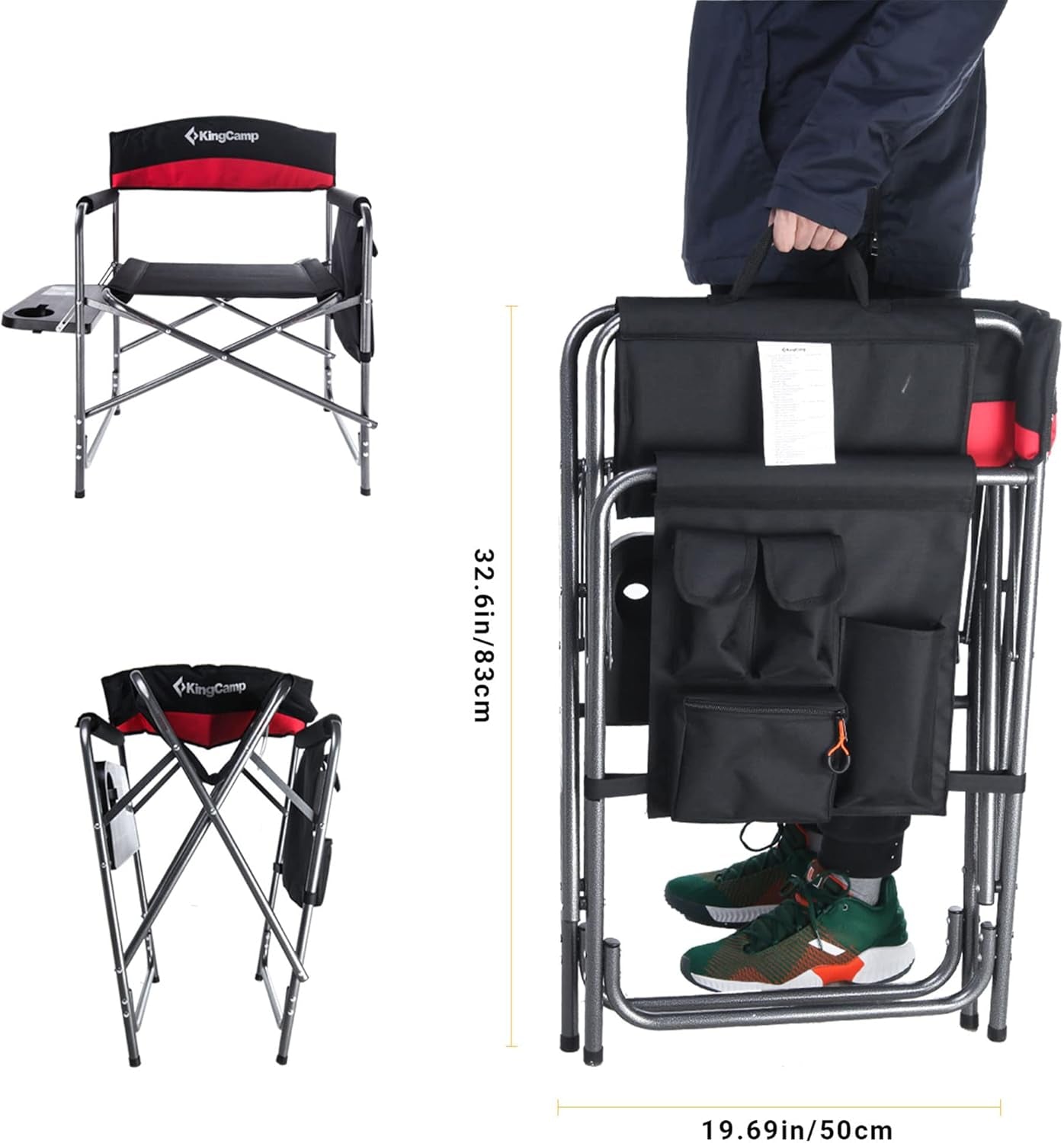 2-Pack Camping Folding Director Chairs with Side Table & Storage, Red