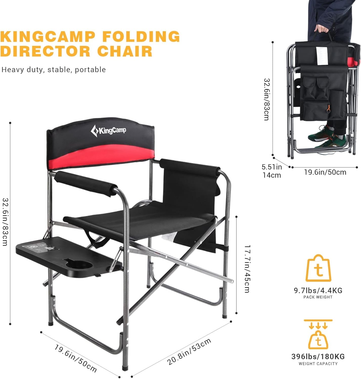 2-Pack Camping Folding Director Chairs with Side Table & Storage, Red