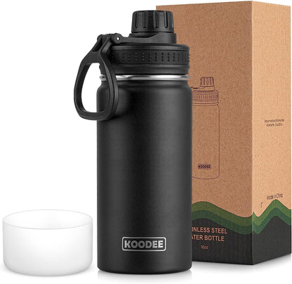 16 Oz Water Bottle Stainless Steel Double Wall Vacuum Insulated Water Bottle for School Wide Mouth Sports Bottle with Leakproof Spout Lid (Black)
