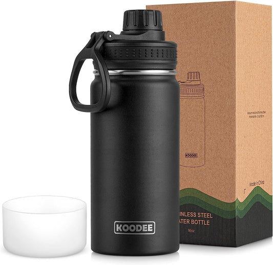 16 Oz Water Bottle Stainless Steel Double Wall Vacuum Insulated Water Bottle for School Wide Mouth Sports Bottle with Leakproof Spout Lid (Black)