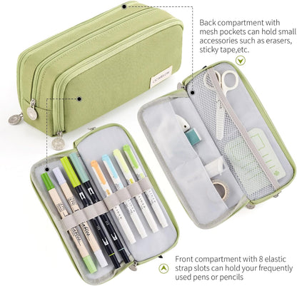 Large Capacity Pencil Case 3 Compartment Pouch Pen Bag for School Teen Girl Boy Men Women (Green)