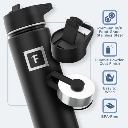 Camping & Hiking Hydration Flask with 3 Lids - Stainless Steel, Double Walled & Vacuum Insulated Water Bottle - Leak Proof & BPA Free (Midnight Black, Straw - 22 Oz)