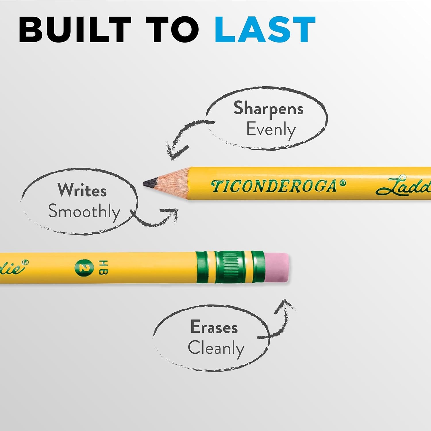Laddie Wood-Cased Pencils, 2 HB Soft, with Erasers, Yellow, 12 Count