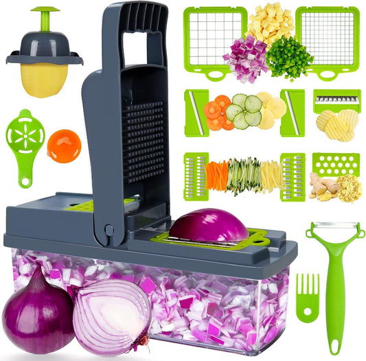 16 in 1 Vegetable Chopper and Food Chopper with Container, Onion Slicer Cutter Dicer, Veggie Cutter with 7 Blades for Carrot Salad Garlic Potato (Design 2)