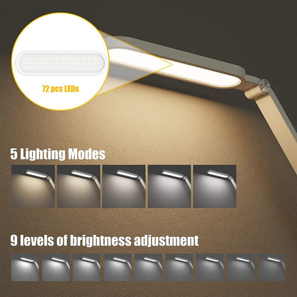 Desk Lamp, for Eye Care, Dimmable Table Lamp with 5 Colour Modes, 72 Leds with USB Charging Port, Touch Control and Memory Function, Office Lamp