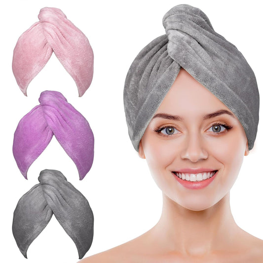Microfiber Hair Towel Wrap, 3 Pack Fast Drying Hair Turban, Stocking Stuffers for Women, Soft Ultra Absorbent, No Frizz Hair Wrap Towels for Women Wet Hair, Curly, Longer, Thicker Hair