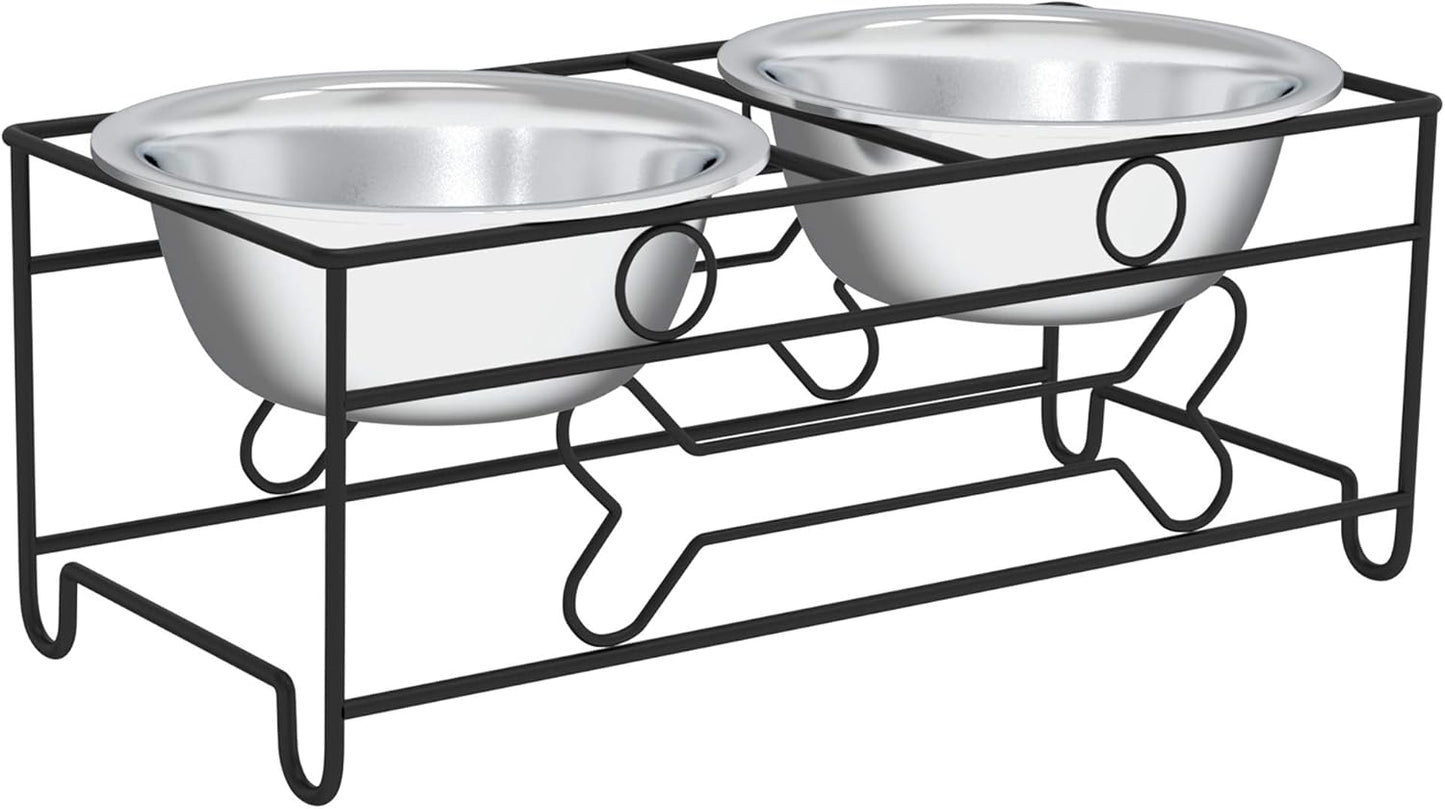 Elevated Dog and Cat Bowls - Decorative 6.5-Inch-Tall Raised Stand with 2 Stainless-Steel Food and Water Bowls - Hold 40Oz Each by  (Black)