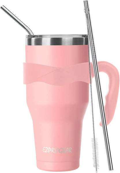 40 Oz Stainless Steel Beer Tumbler Pink Camping Mug Double Wall Vacuum Insulated with Straws and Handle (Pink)