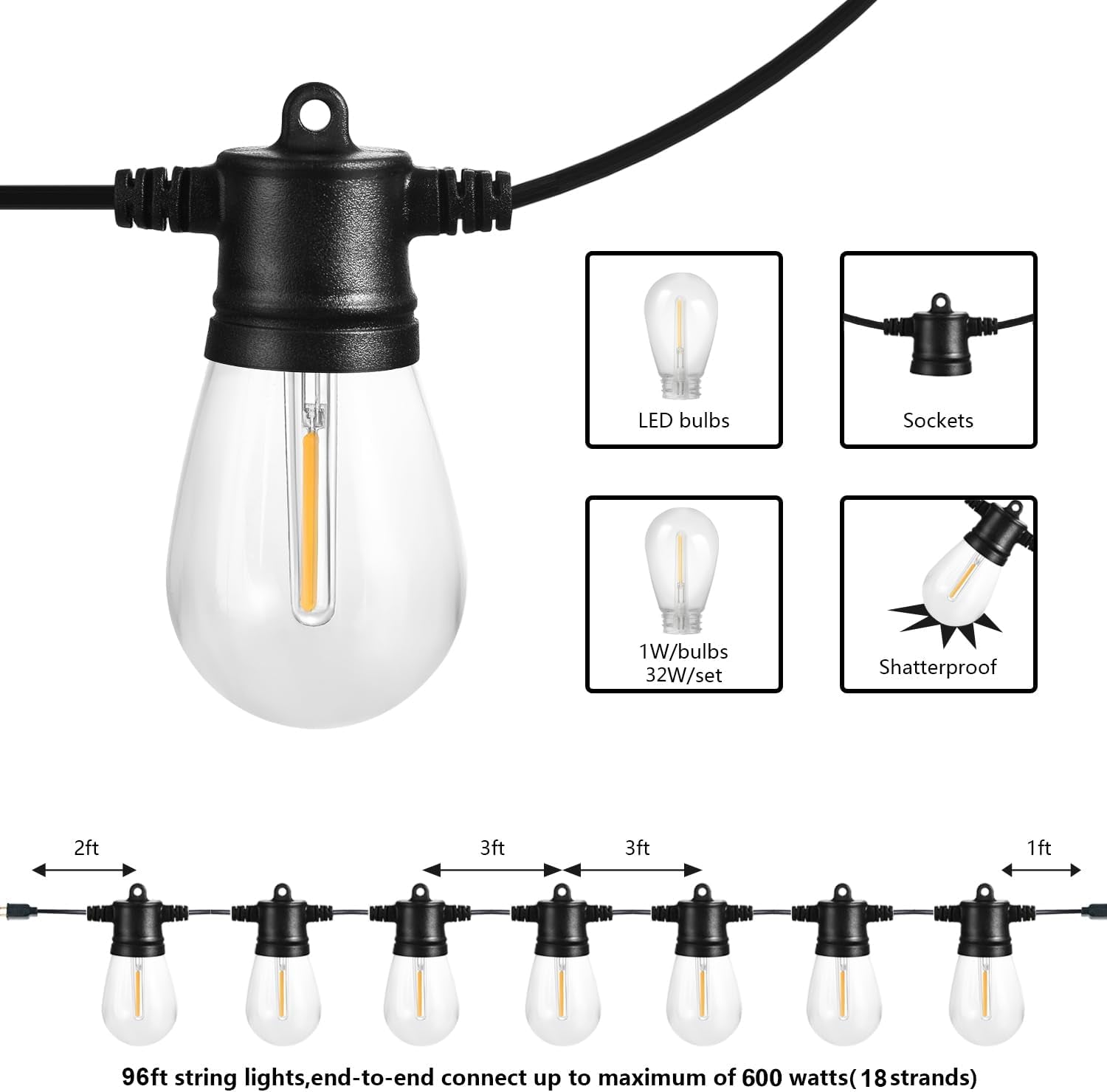 Outdoor String Lights, 96FT Patio Lights with 32 LED Shatterproof Bulbs, Hanging for Outside, Garden, Backyard, Deck, Porch, Fence, Bistro, Pool, Party